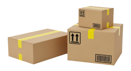 Isolated cardboard boxes of various sizes stacked, prepared for shipping and transport delivery