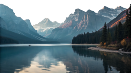 Mountain lake, serene with lone canoeist at sunrise and reflections on water, cutout, PNG isolated on white or transparent background