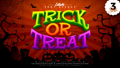 Trick or Treat Halloween Text Effect Illustration Editable Graphic Style with Orange, Green and Purple Typography Lettering on Scary Cemetery Background. Scalable Vector Autumn Holiday Design Template