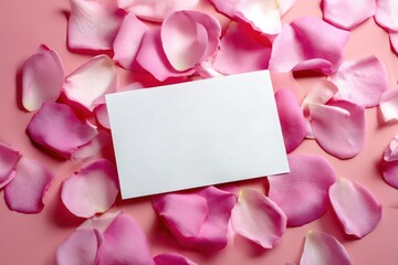 White card surrounded by pink rose petals on a pink background
