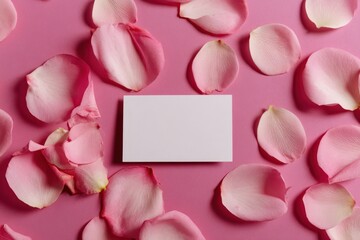 White card surrounded by pink rose petals on a pink background