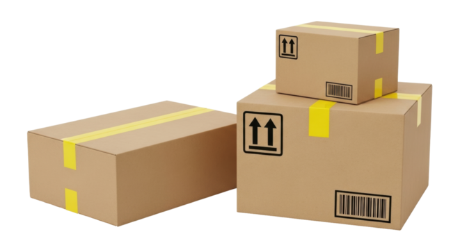 Isolated cardboard boxes of various sizes stacked, prepared for shipping and transport delivery