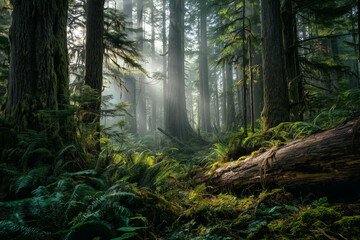 Fototapeta premium Misty ancient temperate rainforest with sunbeams piercing the canopy over moss-covered giant trees, ferns and a fallen log in lush wilderness