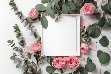 White frame with pink roses and eucalyptus leaves floral border