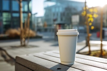 White paper cup with lid on city bench in early morning light