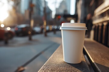 White paper cup with lid on city bench in early morning light