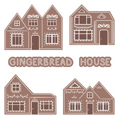 Set of isolated gingerbread houses. Xmas gingerbread cookies set flat design vector