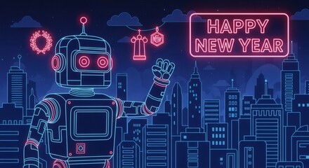 Pixelated Robot Celebrates New Year With Sparkling Fireworks Over Neon Cityscape