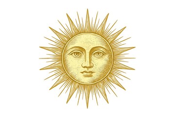 A golden sun with a face and rays, a vintage illustration. A captivating design of the sun with an expressive face, radiating light and warmth.  