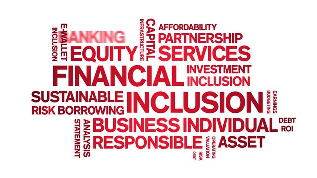 Financial inclusion animated word cloud-text design animation tag kinetic typography seamless loop.