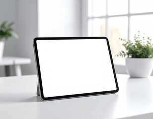 Realistic digital tablet mockup on a clean white desk, blank screen ready for design insertion