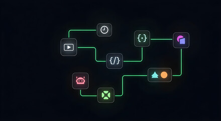 Fototapeta premium Automation workflow diagram with ai chatbot, video, time, code, and shapes on dark background concept