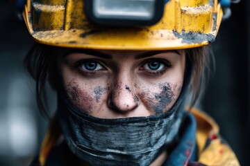 Portrait of female construction worker in helmet with dirty face