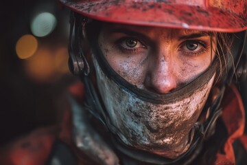 Portrait of female construction worker in helmet with dirty face
