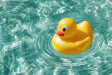 Yellow rubber duck floating on clear turquoise swimming pool water