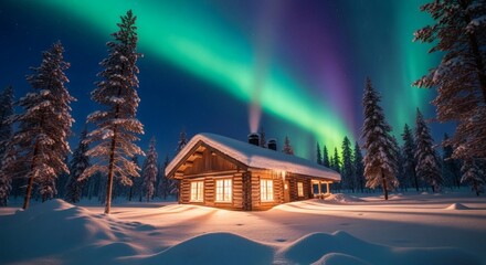 Cozy Wooden Cabin Bathed in Warm Light Underneath the Dazzling Aurora Borealis Display Above Snow Covered Pine Trees