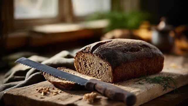A rustic scene featuring a loaf of freshly baked bread, sliced on a wooden cutting board, capturing the essence of home-baked goodness and culinary craftsmanship.