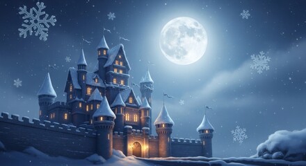 Enchanting Winter Castle Under a Luminous Full Moon During a Gentle Snowfall
