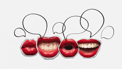 Lips collage connected by drawn speech bubbles on white background. Concept of teamwork,...