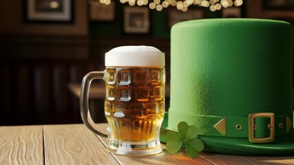 Frothy beer mug and green leprechaun hat with shamrock on wooden table for St. Patrick's Day celebration footage.