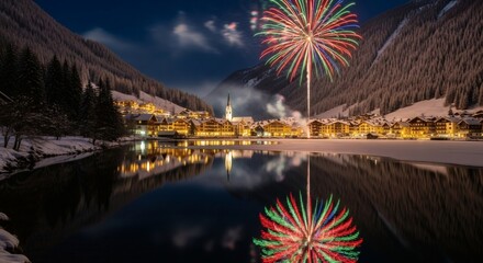 Spectacular New Year's Eve Fireworks Display Illuminating a Snowy Alpine Village Reflected in a Calm Lake