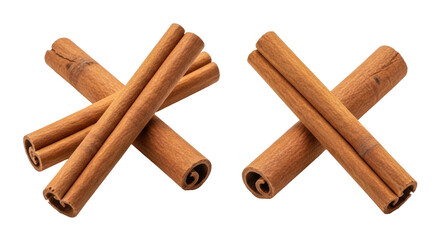 Isolated cinnamon sticks create a visually appealing crossed design popular for holiday use