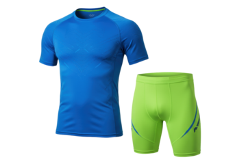Isolated athletic apparel outfit, sportswear top shirt and compression shorts for men athlete