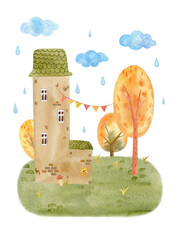 Cute watercolor autumn house surrounded by colorful trees and falling leaves. Cozy fall landscape perfect for seasonal cards, posters, prints, and home decor.