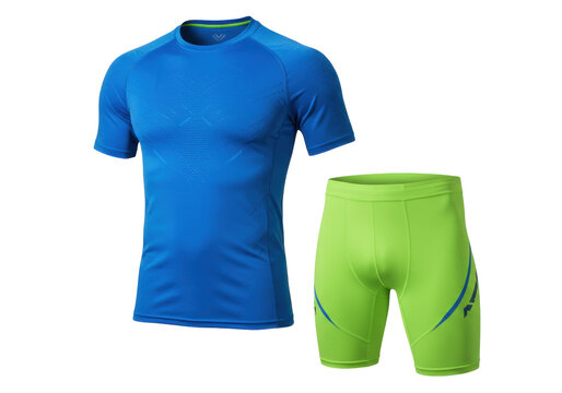 Isolated athletic apparel outfit, sportswear top shirt and compression shorts for men athlete