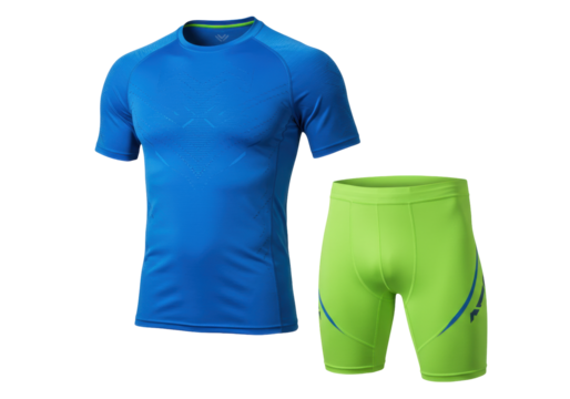 Isolated athletic apparel outfit, sportswear top shirt and compression shorts for men athlete