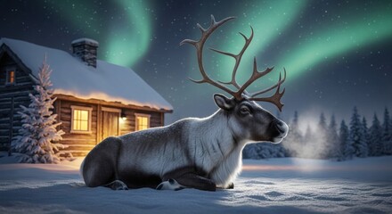 Majestic Reindeer Rests Beneath the Enchanting Aurora Borealis in a Winter Wonderland Cabin Scene