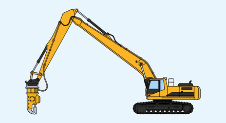 Yellow demolition excavator with a hydraulic breaker attachment, side view. Professional vector, isolated on solid background