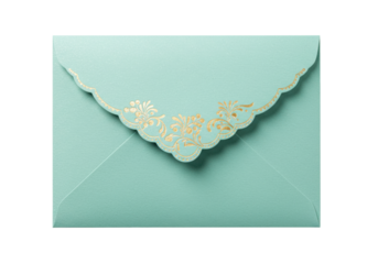 Isolated aqua envelope with gold floral design on flap is ready to be mailed out.
