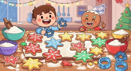Two Happy Children Decorating Delicious Christmas Star Shaped Sugar Cookies Together in a Cozy Kitchen with Festive Decorations and a Christmas Tree