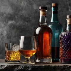 Bottles and glasses with various alcoholic drinks on the table against a gray background. Studio photo
