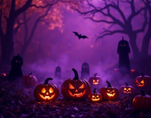 Festive halloween scene with pumpkins bats and ghosts against a purple background perfect for invitations cards and social media posts for the spooky holiday season halloween costumes costume illustra