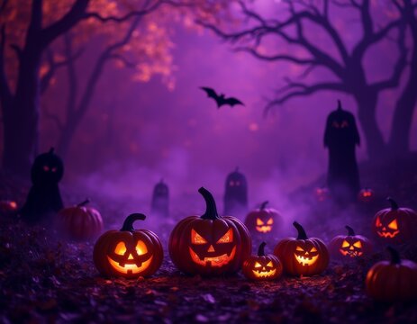 Festive halloween scene with pumpkins bats and ghosts against a purple background perfect for invitations cards and social media posts for the spooky holiday season halloween costumes costume illustra