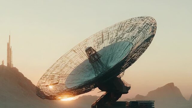 Giant radio telescope detecting interstellar signals on desert planet