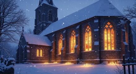 A Serene Winter Evening Capturing the Warm Glow of Stained Glass Windows in a Historic Snowy Church Sanctuary Illuminating the Peaceful Night Sky