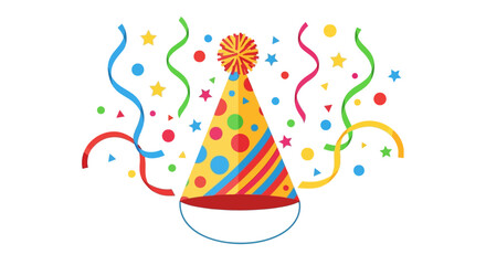 Obraz premium A colorful birthday party hat with a pom-pom, decorated with polka dots and stripes, surrounded by festive confetti for a celebration