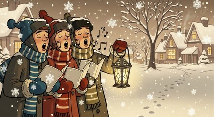 A Cozy Winter Evening Singing Christmas Carols Among Friends in the Snowfall