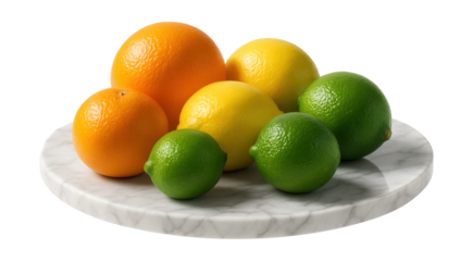 A sleek marble fruit platter, perfect for showcasing citrus at modern dinner gatherings.