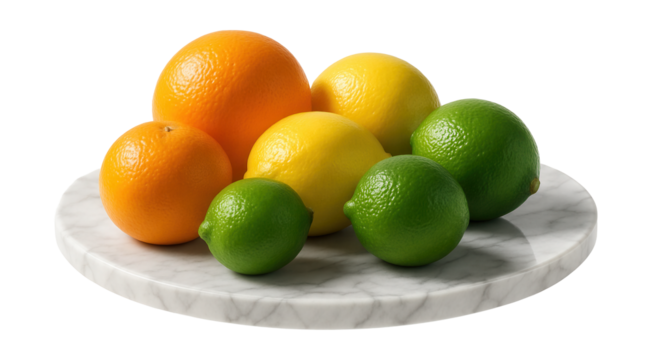 A sleek marble fruit platter, perfect for showcasing citrus at modern dinner gatherings.