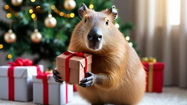 A capybara holds a small gift box in front of a decorated Christmas tree. The scene is festive with colorful ornaments and wrapped presents.	
