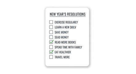 New Year's Resolutions checklist with options like reading, saving money, and eating healthier
