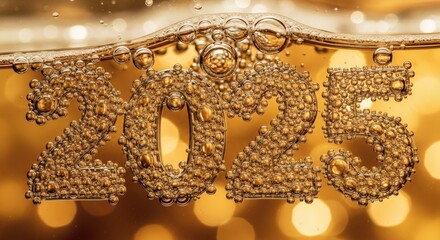 Sparkling Golden Bubbles Form the Year Twenty Twenty Five in Champagne Liquid Celebrating New Year's Eve Festivities