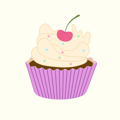 Cute cupcake with cream frosting, sprinkles, and a cherry on top. Sweet vector dessert illustration perfect for bakery design, cafe menu, or food packaging.