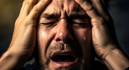 A man in deep emotional distress, crying with his head in his hands. A powerful image representing sadness, stress, anxiety, or despair.