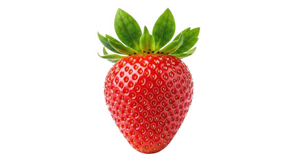 Isolated fresh red strawberry with green leaves, summer fruit, sweet juicy dessert food