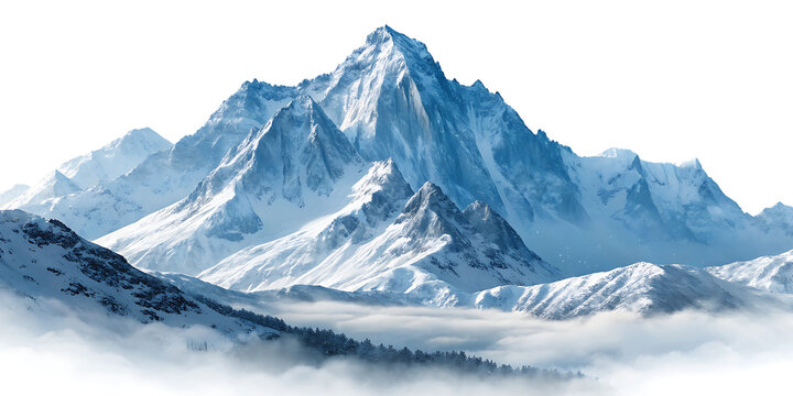 Snow-covered mountain range, majestic with misty valleys and pine trees, cutout, PNG isolated on white or transparent background - Powered by Adobe